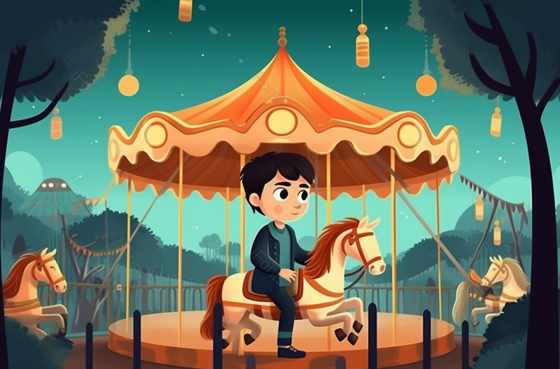 旋转木马上坐着一位快乐的男孩插画,插画/手绘图,插画/手绘图库,插画/手绘图下载,插画/手绘